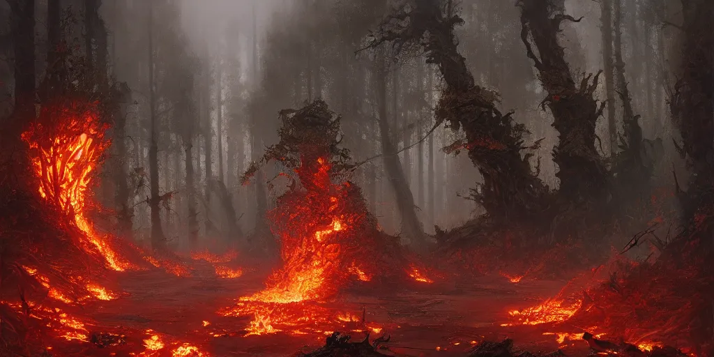 Image similar to A flaming forest , flaming leaves,Magma,flame stones are scattered, flame ferns, flame shrubs, huge flame Fantasy plant,covered in flame porcelain vine, artstation,by Jakub Rozalski, Greg Rutkowski,anthony avon