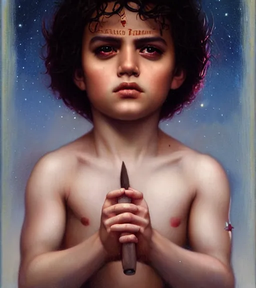 Prompt: Portrait of a Magical Latino Boy, by Tom Bagshaw and Manuel Sanjulian