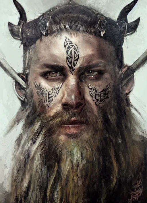 Prompt: portrait painting of viking berserker with celtic face tattoos by jeremy mann, only one head single portrait