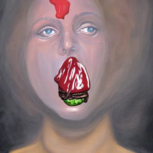 Prompt: mysterious portrait of Kim Kardashian emerging from the dark void eating burger, face partially melting like glitching out LSD effect, figure in the darkness of renaissance, serving big macs, covered in ketchup,Francisco Goya, painted by John Singer Sargant, Adrian Ghenie, style of Francis Bacon, highly detailed, 8k, trending on artstation