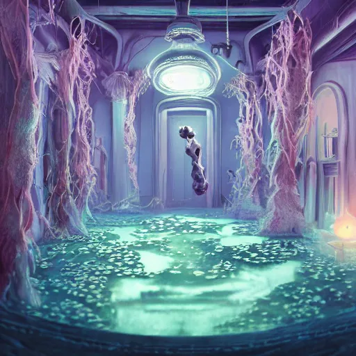 Image similar to ghost mansion, expressive eyes, floating, rbc, bunny, radiolaria, protophyta, micro - organisms, center frame, symmetric, rim light, marine microbiology, bioluminescence, electric, fur, soft, concept art, intricate details, highly detailed, colorful, photorealistic, disney pixar, octane render, iridescent, anime, 8 k