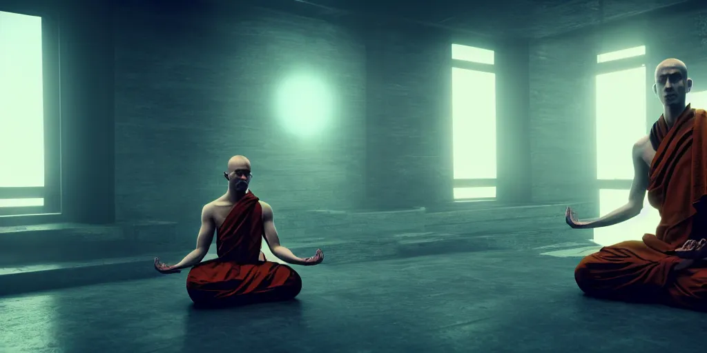 Image similar to meditating monk in cyberpunk style, ultra realistic 8 k resolution.