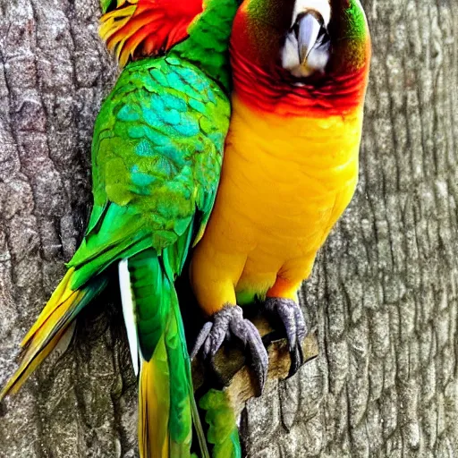 Prompt: cinnamon turquoise green cheek conure cuddling with pineapple conure