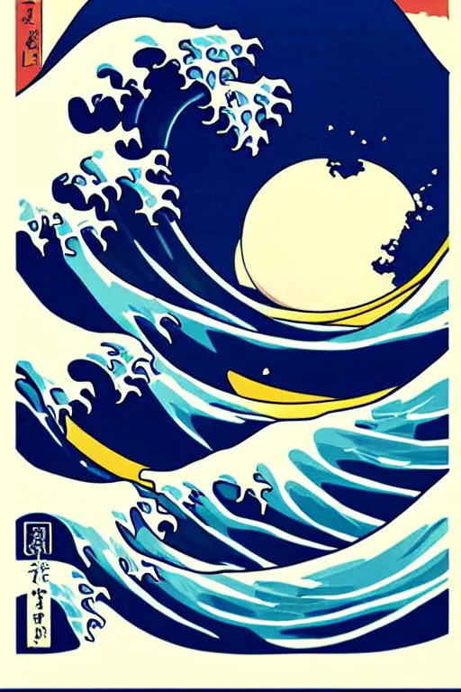 Image similar to The Great Wave off Kanagawa as a Vintage Travel Poster, White Moon in the background, art by Patrick Nagel