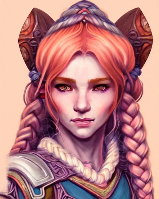 Prompt: character portrait of soft beautiful female firbolg dungeons and dragons braided peach color hair, wearing an old tunic, d & d digital firbolg illustration, artstation trending female illustration, intricate, sharp focus, hyper detailed, digital painting, matte, character art by prywinko art, pyromallis rene maritte, masterpiece