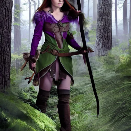 Image similar to anya charlota as a medieval fantasy wood elf, dark purple hair tucked behind ears, wearing a green tunic with a fur lined collar and leather armor, short, muscular build, scar across nose, one black, scaled arm, wielding a battleaxe, cinematic, character art, digital art, forest background, realistic.