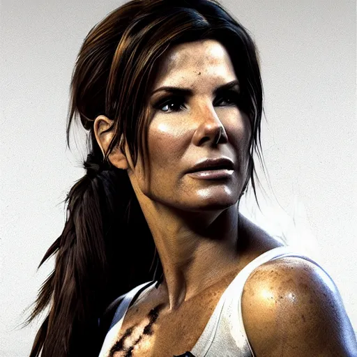 Image similar to hyperrealist portrait of sandra bullock as lara croft. fantasy art, photo realistic, dynamic lighting, artstation, poster, volumetric lighting, very detailed faces, 8 k, award winning