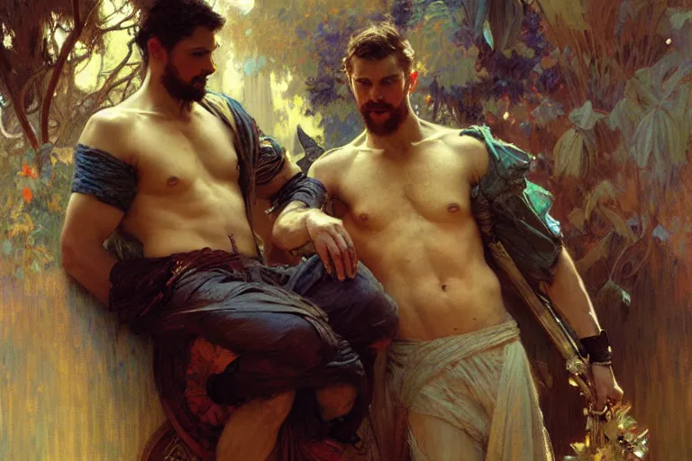 Image similar to 2 attractive male, painting by gaston bussiere, craig mullins, greg rutkowski, alphonse mucha