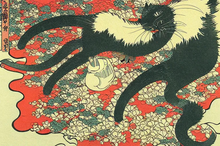 Image similar to cat attacking Tokyo, print by Hokusai, masterpiece, masterwork, artstation