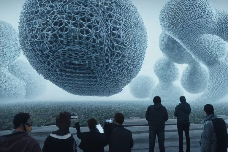 Prompt: tourists taking a photo of a complex organic fractal 3 d ceramic humanoid megastructure, cinematic shot, foggy, photo still from movie by denis villeneuve