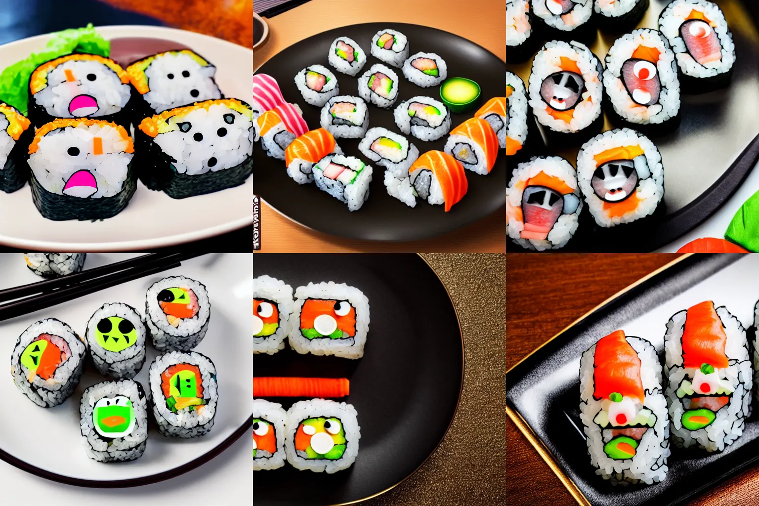 Prompt: a plate of California roll sushi with a 3d screaming faces, stylized caricature, mortified at their existence, on a reflective gold, hyper realistic, 4k, cinematic lighting, smooth, funny, Instagram meme