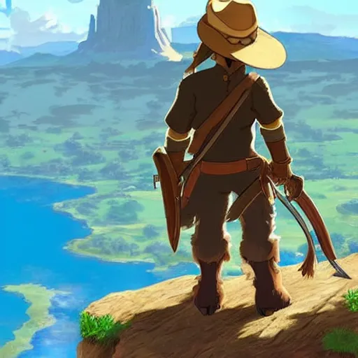 Prompt: a bear wearing a cowboy hat with a bow and arrow standing on a mountaintop looking out over a river landscape, breath of the wild, anime, studio ghibli, beautiful, fine detail, high resolution