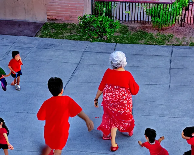 Image similar to Hispanic Granny In A Red MuMu Throwing A Slide Sandal At A Bunch Of Kids Running Away From Her, Detailed, Anime Style, Manga Style, 8K, HDR, San Antonio Texas Cityscape Sunset, HDR, volumetric lighting, Birds Eye View, Hyperrealistic-H 960