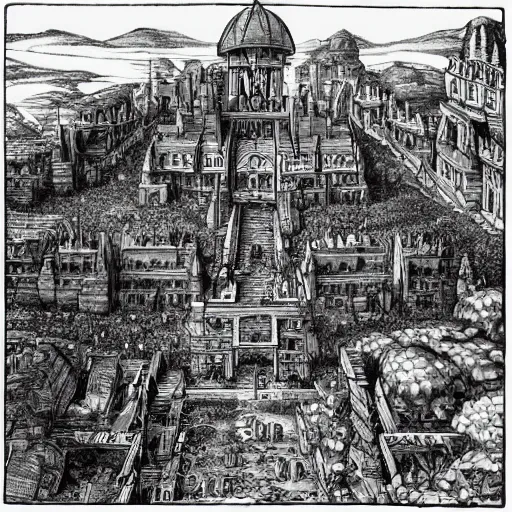 Image similar to anthromorphic humanoid ants building a city. epic game landscape shot. Beautifully detailed pen and ink drawing on parchment, D&D art by Michelangelo