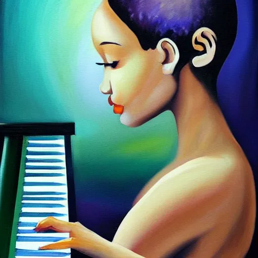 Prompt: beautiful painting of a light skinned woman with short hair playing a piano, digital art