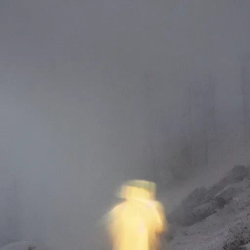 Image similar to a blurry aura glowing in a white mist, human