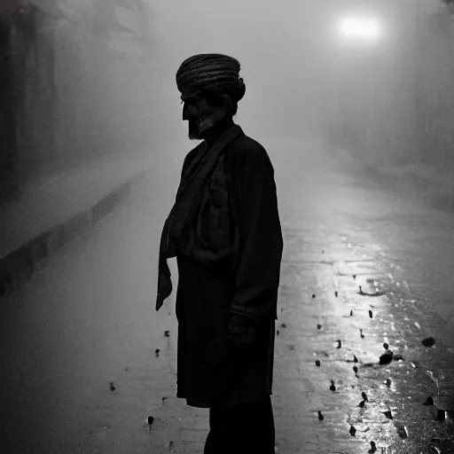 Image similar to Monochrome portrait of an intense old Nepali man on a rainy misty Kathmandu street at night, the only light source are bright overhead street lights, close-up, motion blur, grainy Tri-x pushed to 3200, 24mm tilt-shift, water drops on the lens, holga