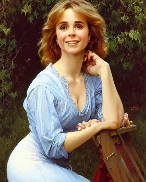 Prompt: a portrait painting of dana plato / eve plumb / marcia strassman hybrid oil painting, gentle expression, smiling, elegant clothing, scenic background, extremely detailed and lifelike, artgerm, greg rutkowski, alphonse mucha, vladimir volegov, adolphe bouguereaum, greg hildebrandt