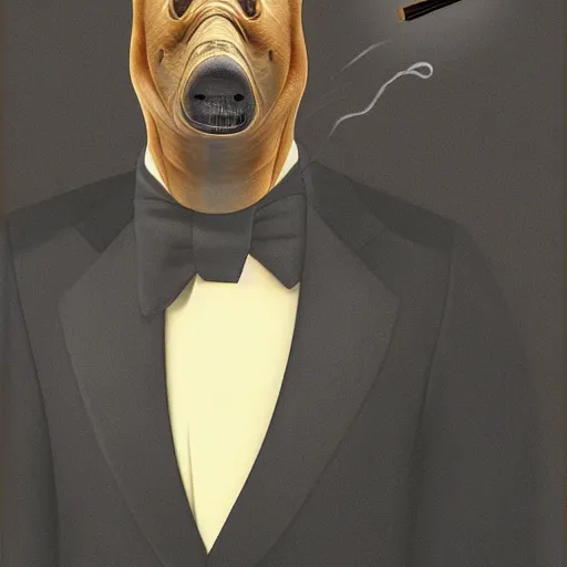 Prompt: a portrait of a platypus wearing a black suit, smoking a cigar, gorgeous, intricate, elegant, volumetric lighting, scenery, high detail digital art, smooth, rene magritte, illustration, concept art