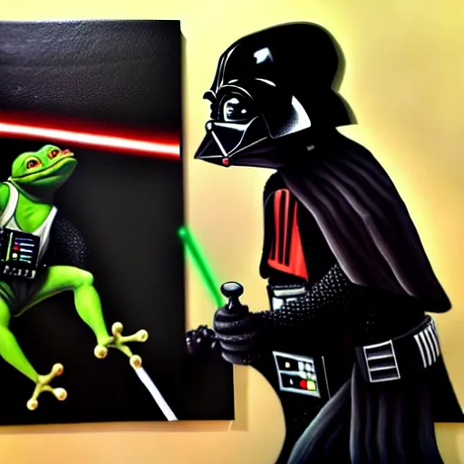 Prompt: a detailed painting of pepe the frog fighting darth vader by caravaggio