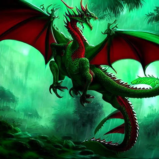 Prompt: a green and red beautiful large dragon in a rain forest, dramatic lighting, uhd 4 k, artstation