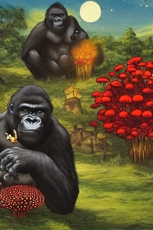 Prompt: gorilla listening to music by jeep holding a amanita muscaria, sunshine, by alba ballesta gonzalez and moebius. 4 k wallpaper, digital flat 2 d, japan animation, comic book, illustration, cinematic lighting, smooth sharp focus.