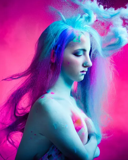 Image similar to a dramatic lighting photo of a beautiful young woman with cotton candy hair. paint splashes. with a little bit of cyan and pink