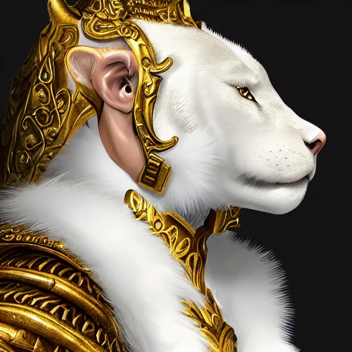 Image similar to portrait of a white human panter with a very long fur and gold jewelry, fantasy, trending on artstation, heroic pose, illustration, highly detailed, simple, 8k