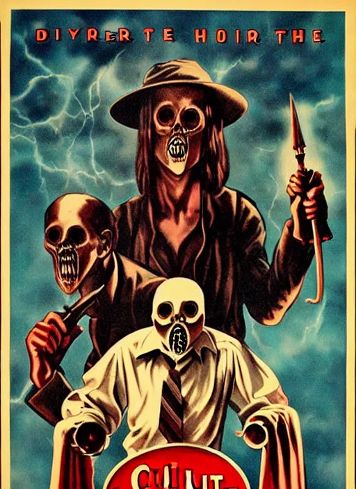 Image similar to old vintage poster for a horror movie called the cultist, detailed, horror