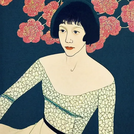 Prompt: “ maggie gyllenhaal portrait by ikenaga yasunari and ayana otake and ko rakusui, 6 0 s poster, drawing, realistic, sharp focus, japanese, dreamy, nostalgia, faded, golden hues, floral clothes, porcelain skin ”