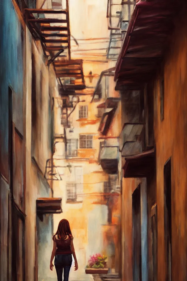 Image similar to a portrait of a beautiful girl walking down an alleyway, market setting, warm colors, soft lighting, atmospheric, cinematic, moody, in the style of diego koi, gina heyer, luiz escanuela, art by alyssa monk, hyperrealism, rule of thirds, oil on canvas, 8 k