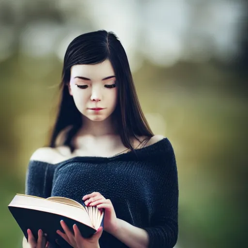 Image similar to a girl reading a book, modelsociety, radiant skin, huge anime eyes, RTX on, perfect face, intricate, Sony a7R IV, symmetric balance, polarizing filter, Photolab, Lightroom, 4K, Dolby Vision, Photography Award