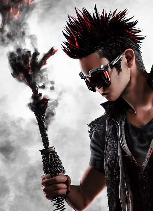 Image similar to An epic fantasy comic book style portrait painting of young man with long red spiked hair. Wearing a black waistcoat, white shirt, using googles. Blasting fire on his hands. Unreal 5, DAZ, hyperrealistic, octane render, cosplay, RPG portrait, dynamic lighting