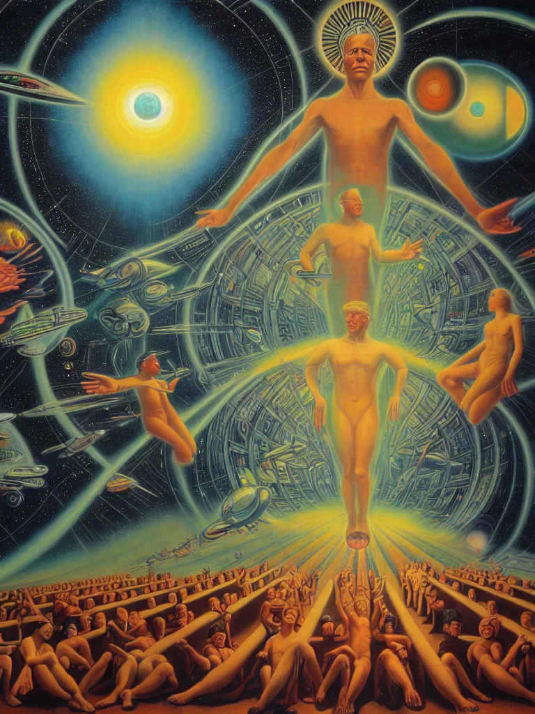 Image similar to a beautiful future for human evolution, spiritual science, divinity, utopian, by david a. hardy, wpa, public works mural, socialist