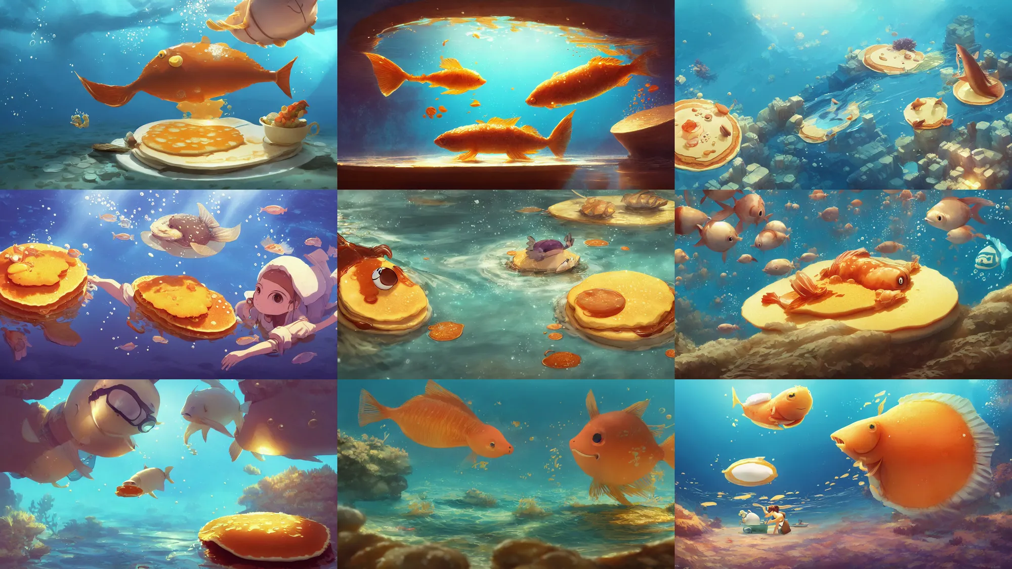 Prompt: digital underwater art of a happy flat pancake fish swimming in syrup, cute, 4 k, fish made of pancake, fantasy food world, living food adorable pancake, brown atmospheric lighting, by makoto shinkai, studio ghibli, greg rutkowski, ross tran