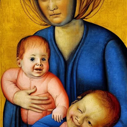 Image similar to painting of a baby that looks like benjamin netanyahu smiling while being held by his mother, by duccio