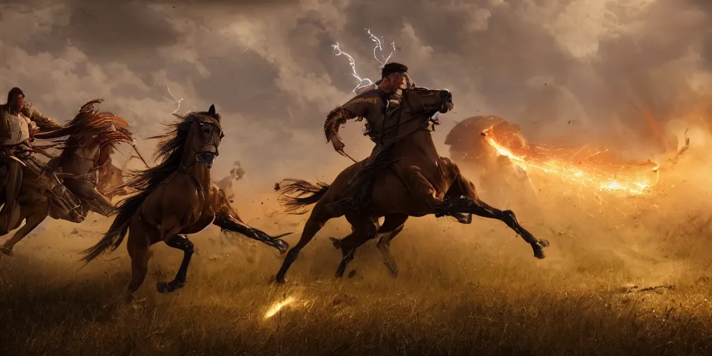 Image similar to promotional movie still of an action shot from the battle of little bighorn, majestic horses, desperate action, dramatic lighting, cinematic, extremely high detail, photorealistic, cinematic lighting, maxwell boas jessica rossier christian dimitrov anton fadeev trending on artstation cgsociety rendered in unreal engine 4 k hq