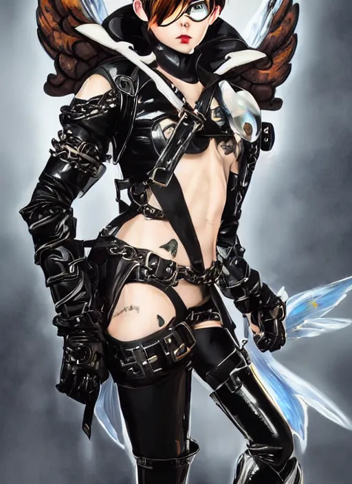 Prompt: full body artwork of tracer overwatch, wearing black latex outfit, in style of mark arian, angel wings, dramatic painting, wearing detailed leather collar, ornate highly detailed white shiny armor, chains, black harness, detailed face and eyes,