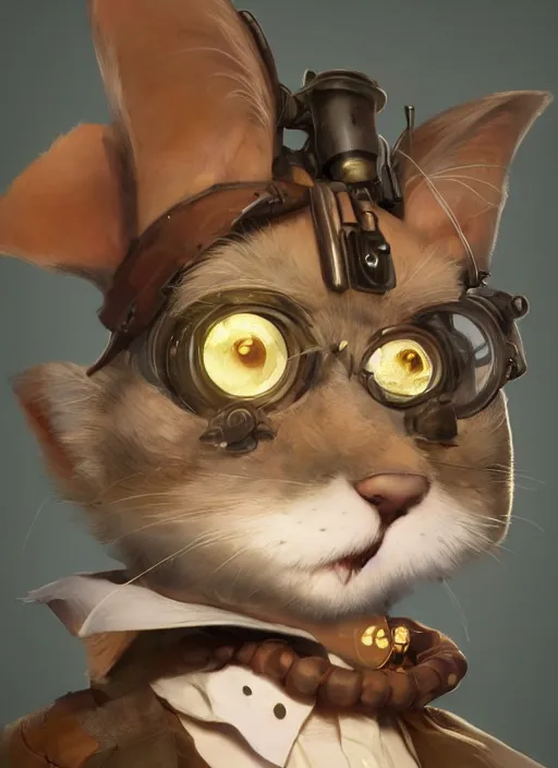 Image similar to a beautiful half body portrait of a cute anthropomorphic steampunk cat fursona. big eyes. character design by cory loftis, fenghua zhong, ryohei hase, ismail inceoglu and ruan jia. volumetric light, detailed, rendered in octane