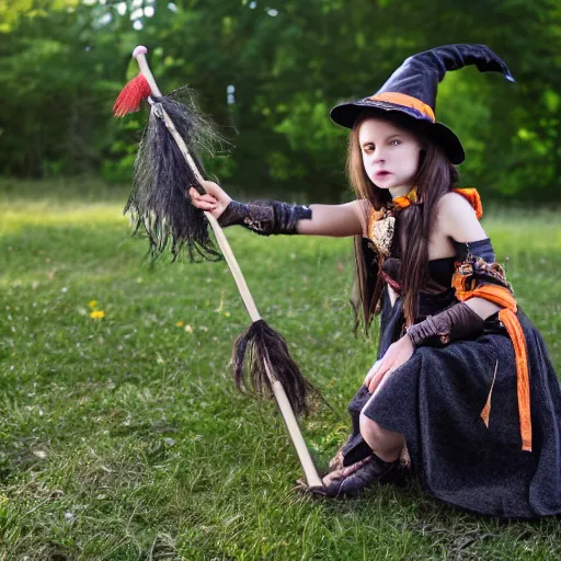 Prompt: young witch with magic wand and broom cosplay, she wears boots, photo taken by nikon, 4k, high quality, very detailed, intricant