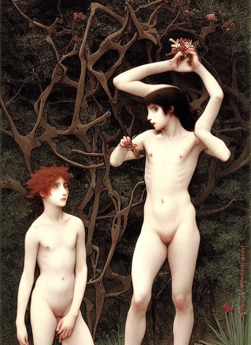 Image similar to boy and girl and a goat in a deep thorns bones bloody forest, by william-adolphe bouguereau and Takato Yamamoto, high resolution