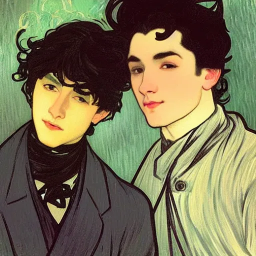 Image similar to painting of young cute handsome beautiful dark medium wavy hair man in his 2 0 s named shadow taehyung and cute handsome beautiful min - jun together at the halloween! party, bubbling cauldron!, candles!, smoke, autumn! colors, elegant, wearing suits!, clothes!, delicate facial features, art by alphonse mucha, vincent van gogh, egon schiele