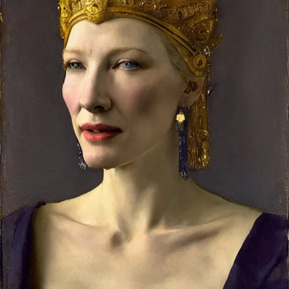 Image similar to cate blanchett by Annie Swynnerton and Nicholas Roerich and Vermeer, strong dramatic cinematic lighting, ornate headdress, lost civilizations, smooth, sharp focus, extremely detailed