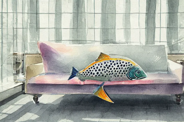 Image similar to charming and chubby huge fish, wearing a polka dot cloths and, lye on the fancy sofa, in the large and bright studio. sunlight enters through the barred window. delicate watercolor and pencil on canvas. beautiful lighting, 4 k post - processing, highly detailed, 5 k extremely detailed, 3 d. cinematic scene.