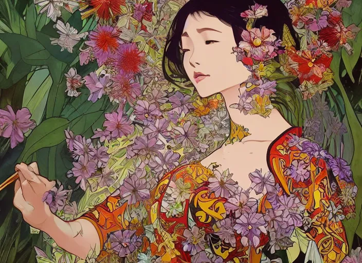 Image similar to !!! very coherent!!! oil painting, beautiful floralpunk iban bio mechanical full body girl female illustration detailed patterns art of sarawak traditional dress, flower pop art, floral splash painting, art by ashley wood, alphonse mucha, makoto shinkai, geof darrow, dark shadow