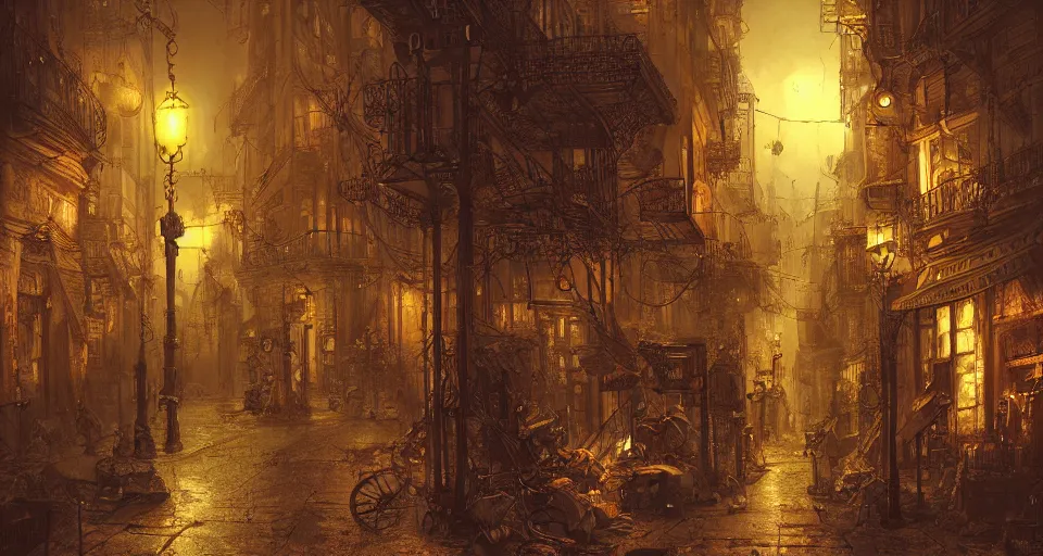 Image similar to steampunk city streets at night by jean-honore fragonard, junk everywhere, wires hanging, steam, trending on artstation