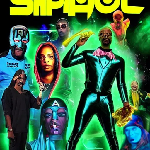 Prompt: Snoop Dogg starring as a futuristic Marvel Super Hero holding green fire for a 2022 Marvel Movie poster, epic