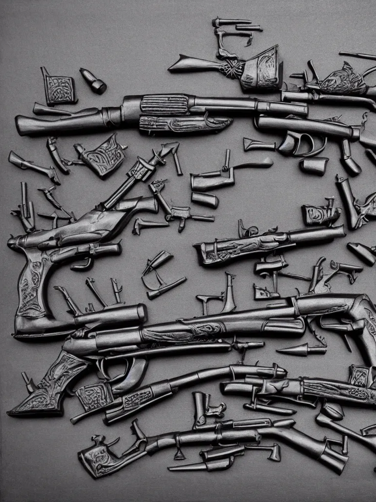 Image similar to relief sculpture carving in black cast iron steel of machine guns shotguns rifles revolvers bullets,dark contrast, dynamic lighting, ultrarealistic, intricate details, 4k