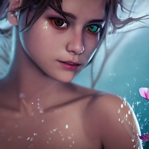 Prompt: epic portrait of a girl floating in water with only her face and some hair visible, surrounded by loose petals, beautiful, unreal engine, high detail