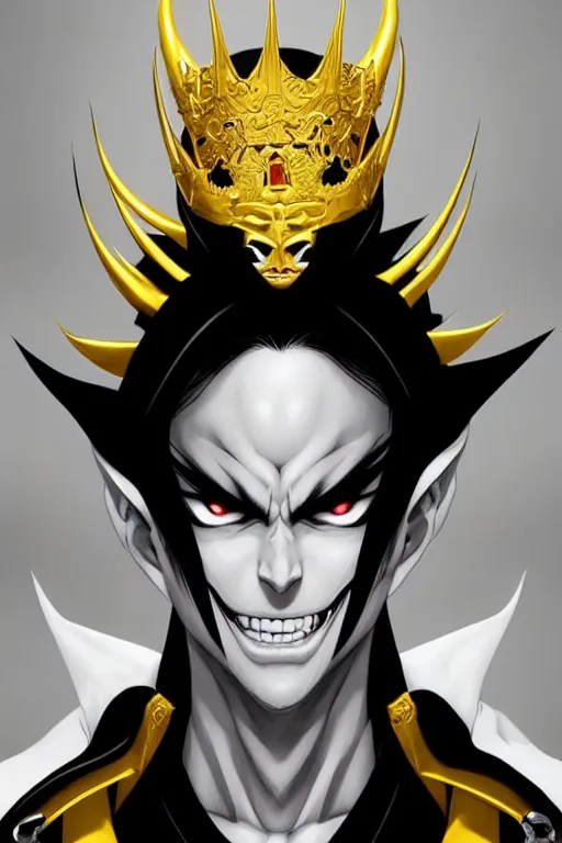 Image similar to handsome young demon king man only, evil grin, manga style only, wallpaper aesthetic, black white and yellow colors only, symmetrical face, demonic, cinematic, dramatic, powerful, super detailed and intricate, elegant, hyper realistic, 8 k render, by artgerm, by kyoung hwan kim, by ralph mcquarrie, by yoshiyuki tomino